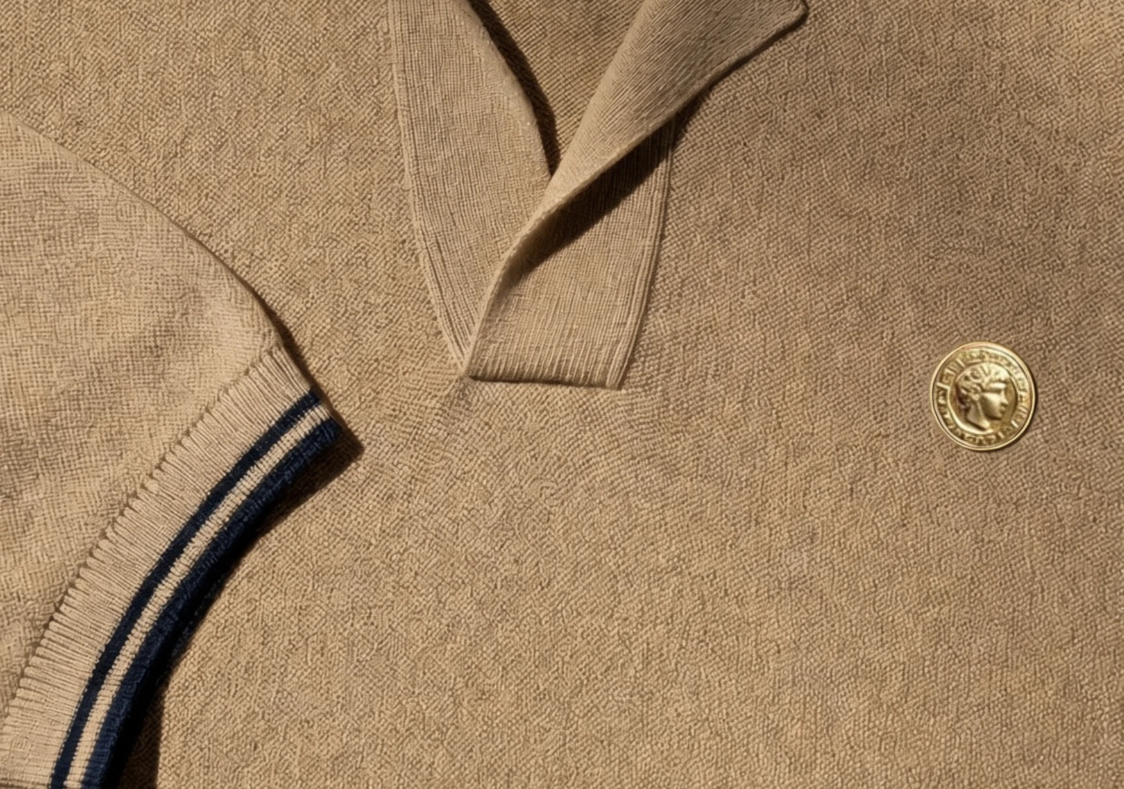 Sand knit polo with navy-striped trim and a gold coin button